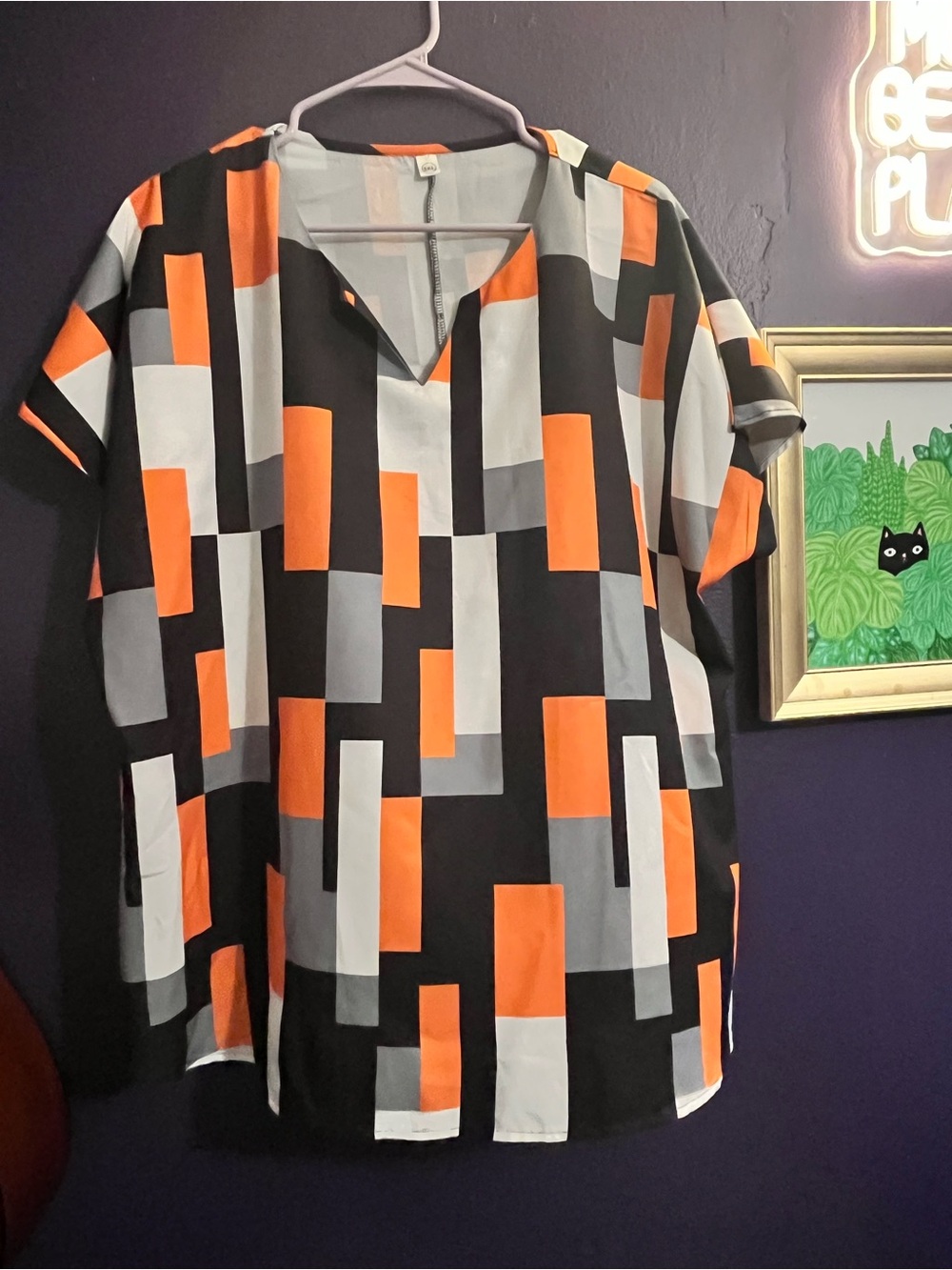 PLUS SIZE Mod style Geometric Block Short-Sleeve Shirt in Orange, Black & Gray